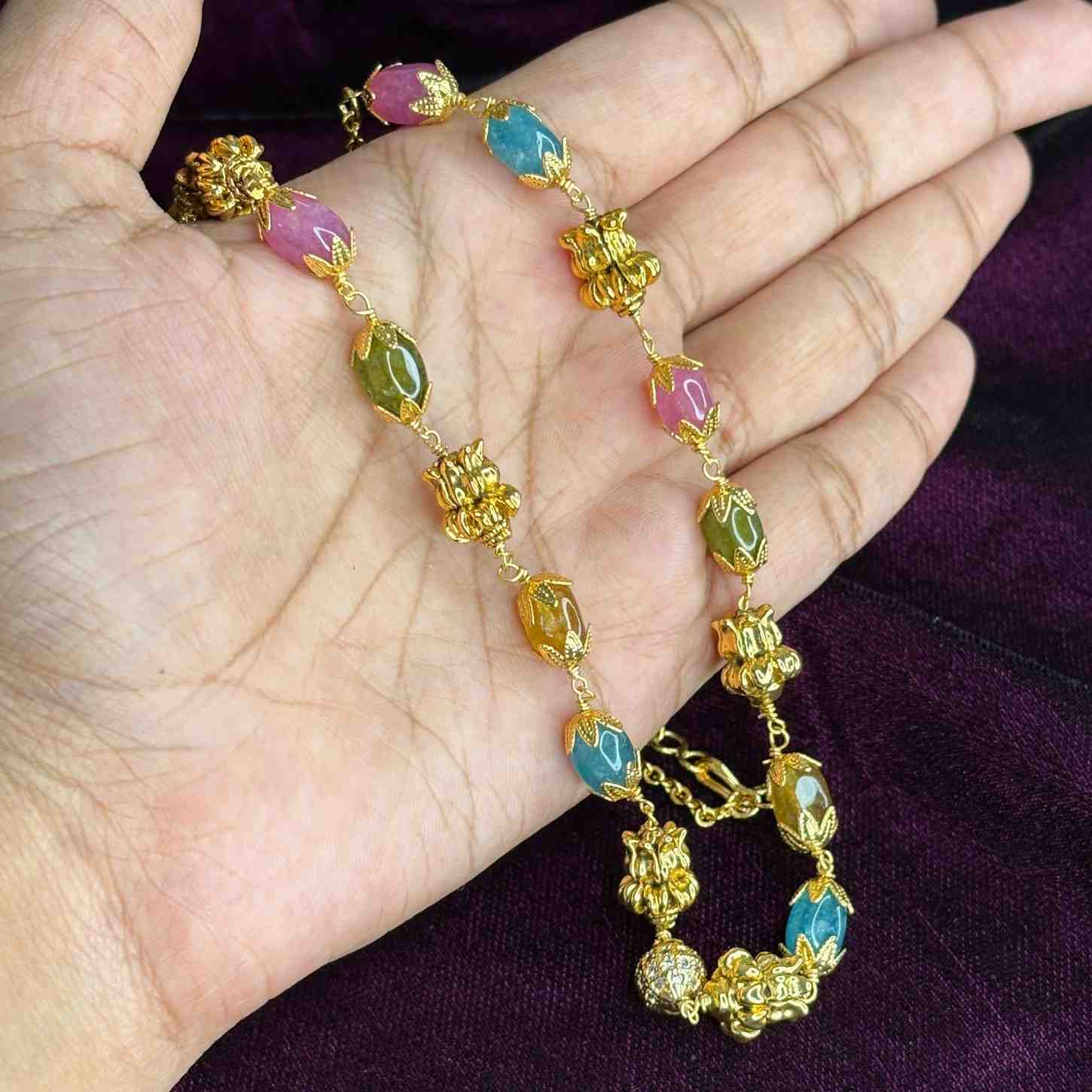 Premium Quality Multi color pink blue green yellow Hydro Beads & Gold Beads 20 inch chain C008-CS71