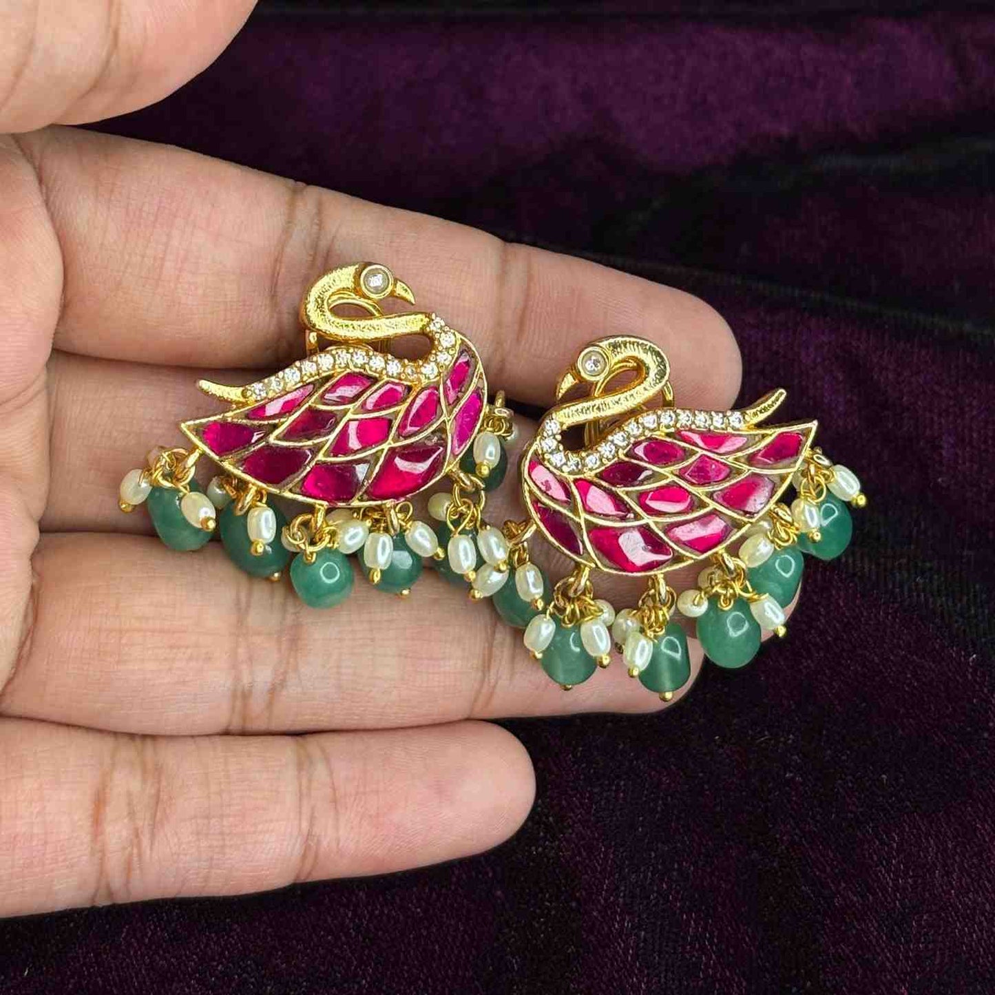 Premium quality real Jadau Kundan Swan Pattern Earrings with emerald hydro beads J0071-CS87