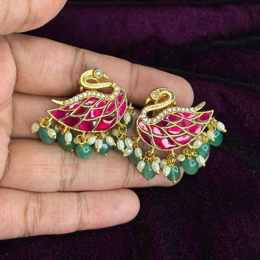 Premium quality real Jadau Kundan Swan Pattern Earrings with emerald hydro beads J0071-CS87
