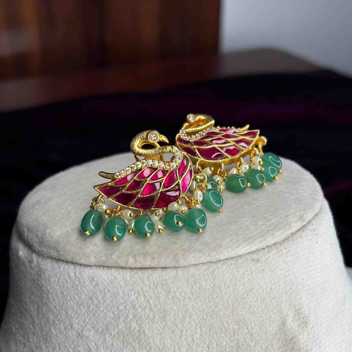 Premium quality real Jadau Kundan Swan Pattern Earrings with emerald hydro beads J0071-CS87