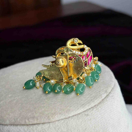 Premium quality real Jadau Kundan Swan Pattern Earrings with emerald hydro beads J0071-CS87