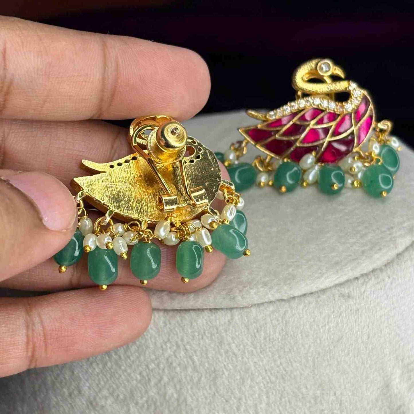Premium quality real Jadau Kundan Swan Pattern Earrings with emerald hydro beads J0071-CS87