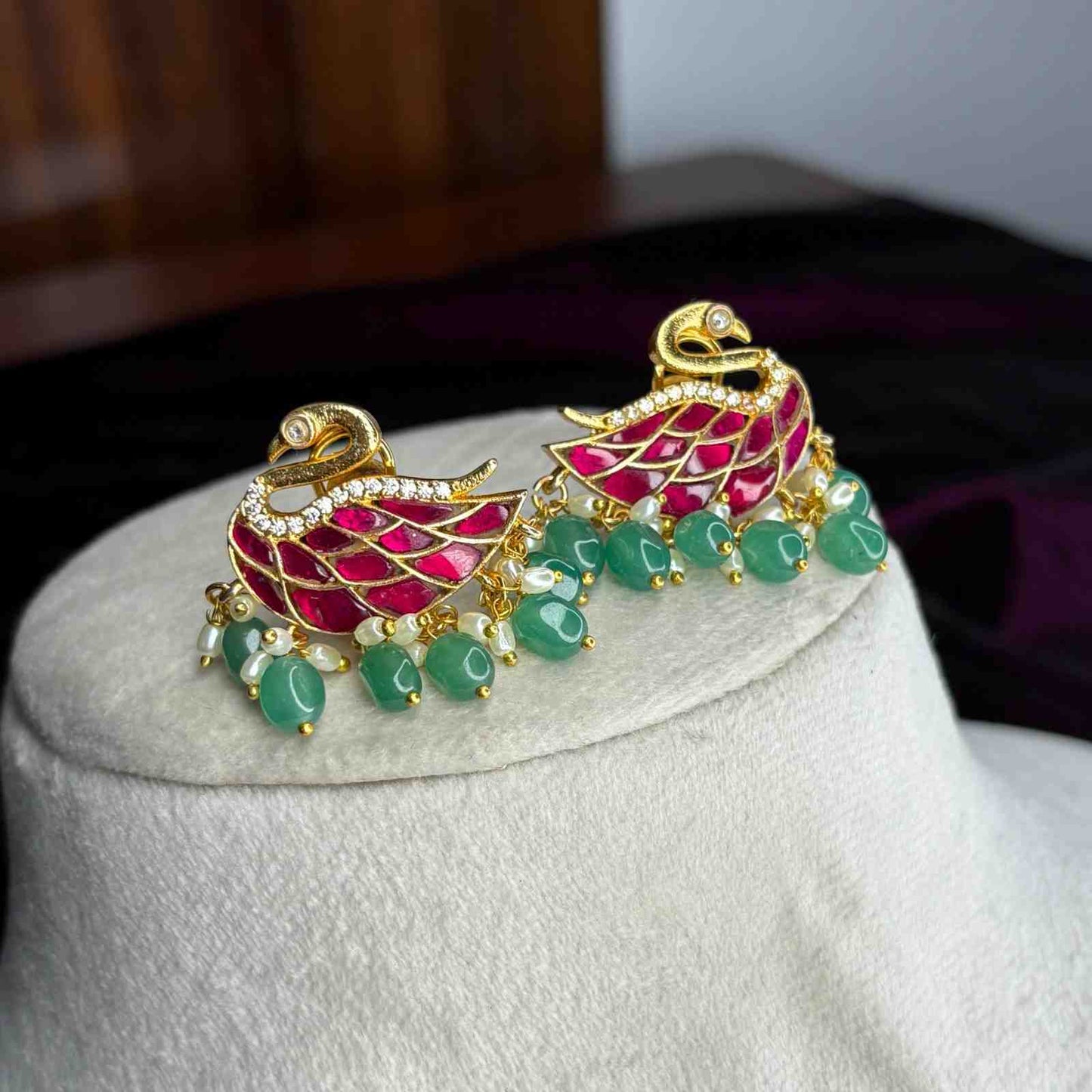 Premium quality real Jadau Kundan Swan Pattern Earrings with emerald hydro beads J0071-CS87
