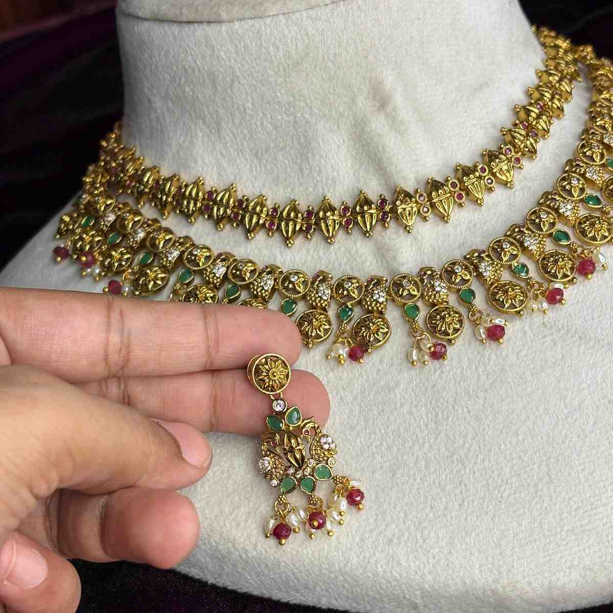 Premium quality 2 layer necklace full floral Peacock pattern designed with red crystal hanging N0179-CS116