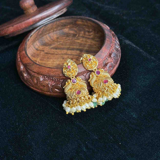 Premium Quality Small Size Floral & Peacock Jhumka with white Pearl and green crystal  hanging J0075-CS26