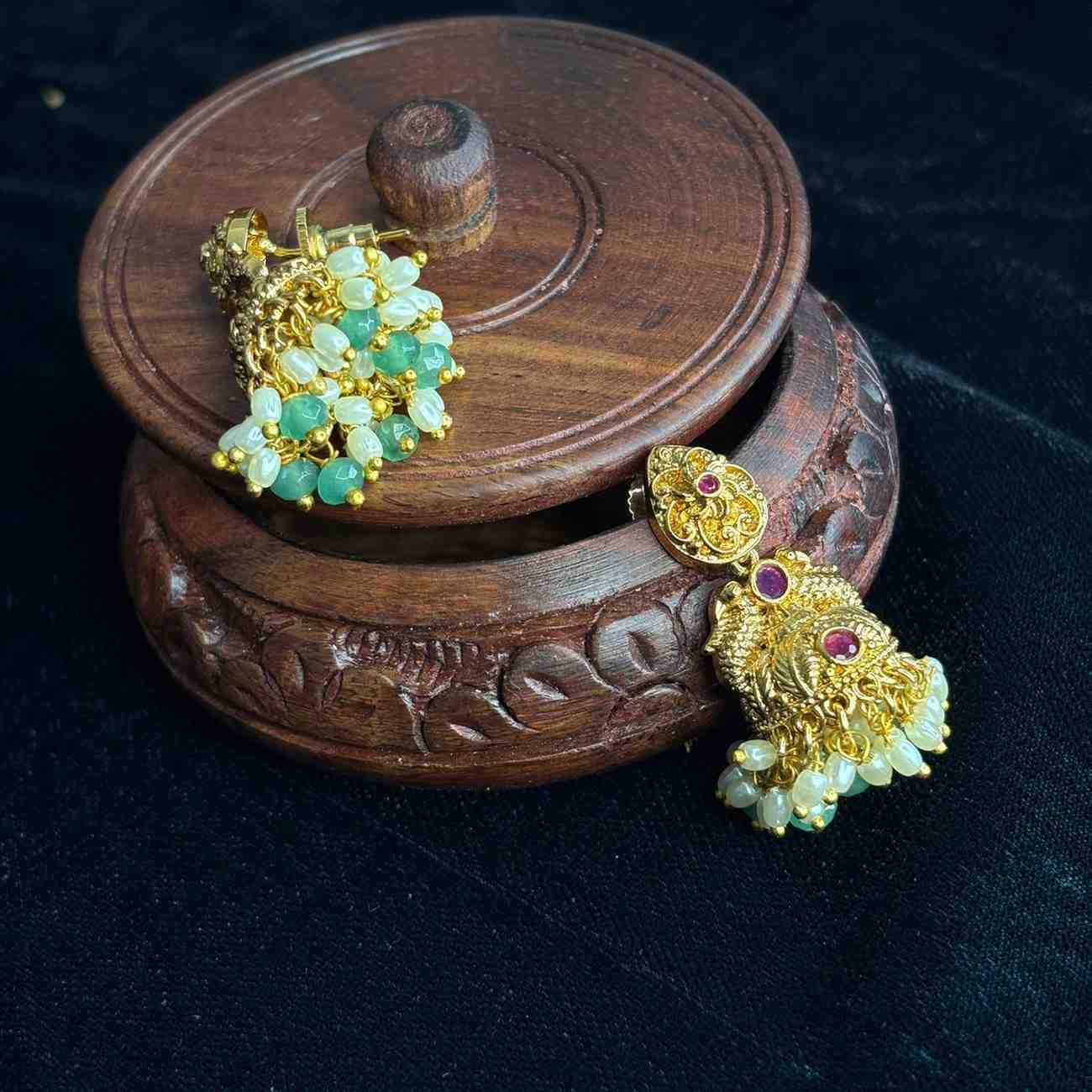 Premium Quality Small Size Floral & Peacock Jhumka with white Pearl and green crystal  hanging J0075-CS26