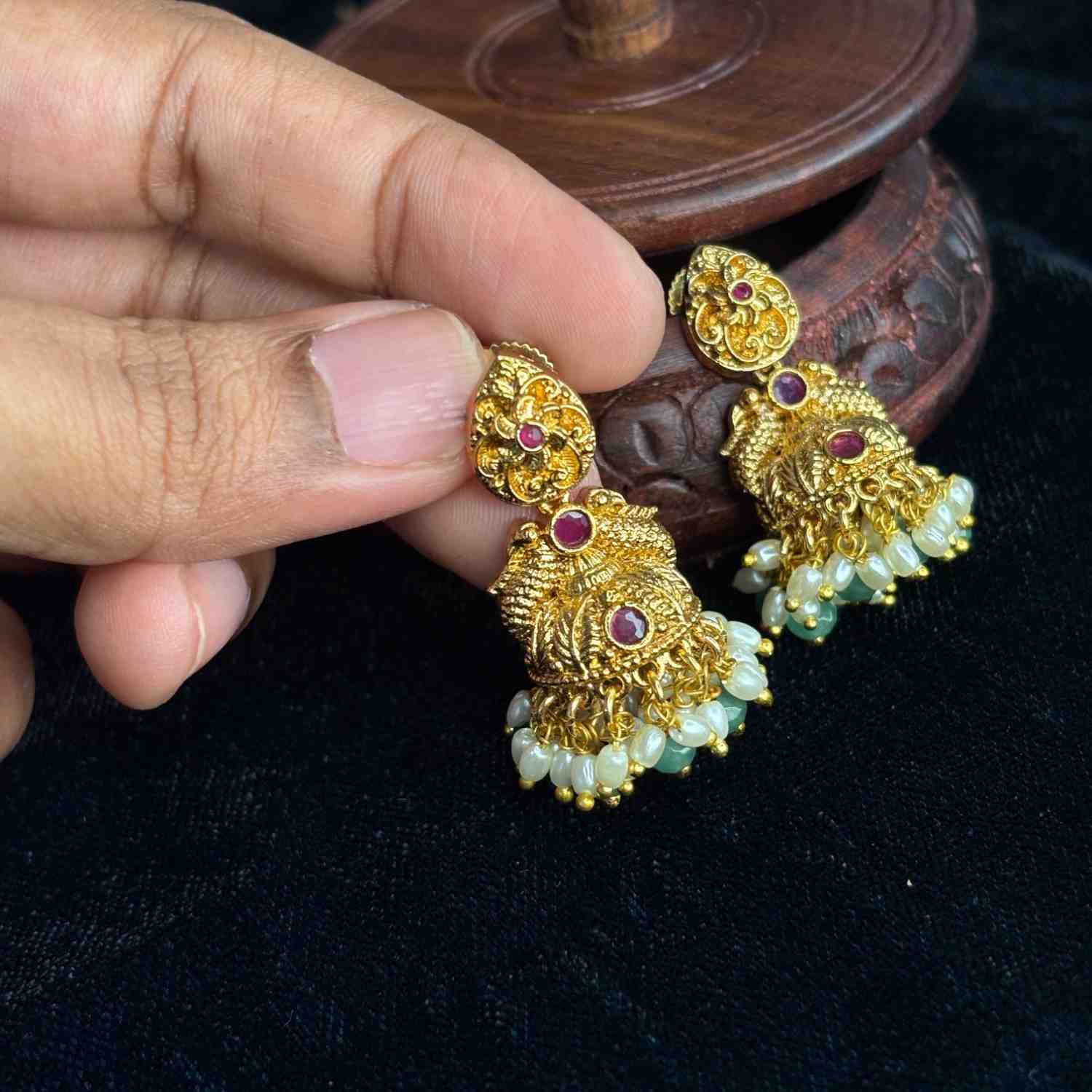 Premium Quality Small Size Floral & Peacock Jhumka with white Pearl and green crystal  hanging J0075-CS26