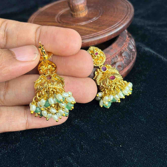 Premium Quality Small Size Floral & Peacock Jhumka with white Pearl and green crystal  hanging J0075-CS26