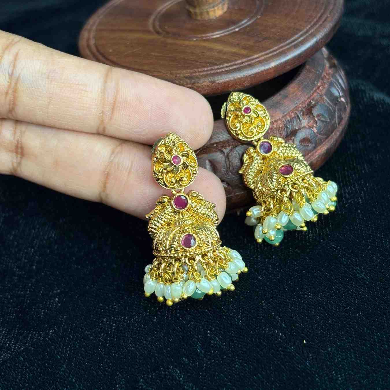 Premium Quality Small Size Floral & Peacock Jhumka with white Pearl and green crystal  hanging J0075-CS26