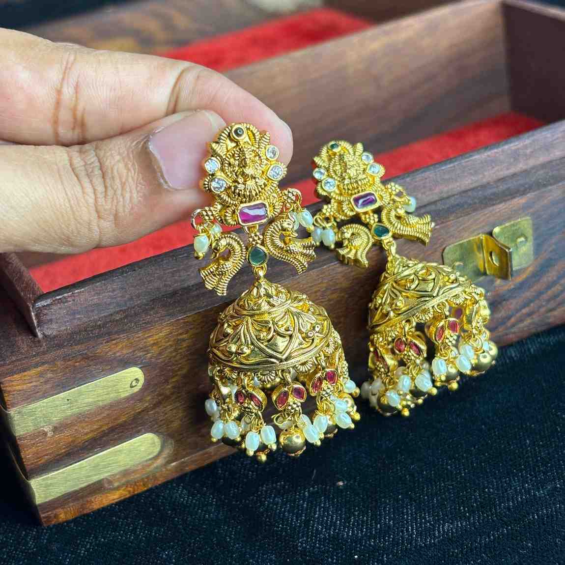 Premium Quality 3d Floral Pattern Lakshmi Bridal Jhumka with Ruby Stone & Pearls J0078-CS63