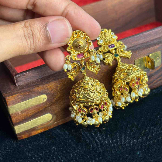 Premium Quality 3d Floral Pattern Lakshmi Bridal Jhumka with Ruby Stone & Pearls J0078-CS63