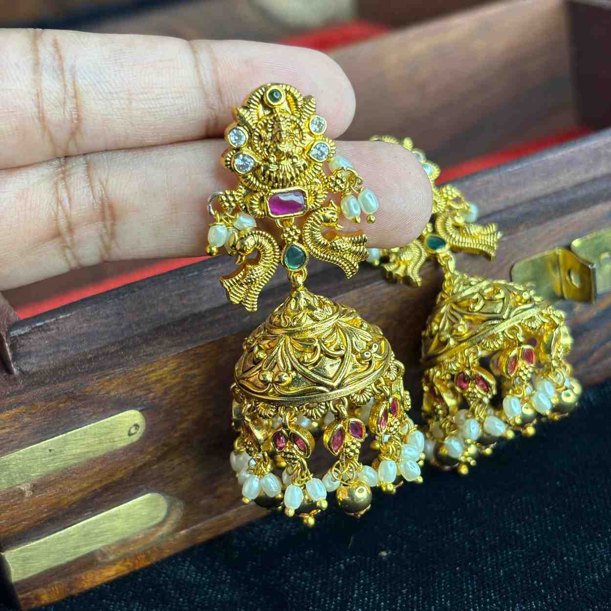 Premium Quality 3d Floral Pattern Lakshmi Bridal Jhumka with Ruby Stone & Pearls J0078-CS63