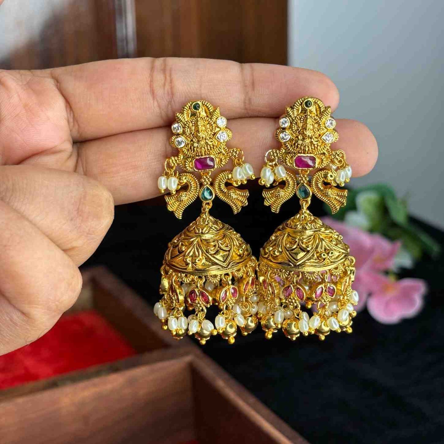 Premium Quality 3d Floral Pattern Lakshmi Bridal Jhumka with Ruby Stone & Pearls J0078-CS63