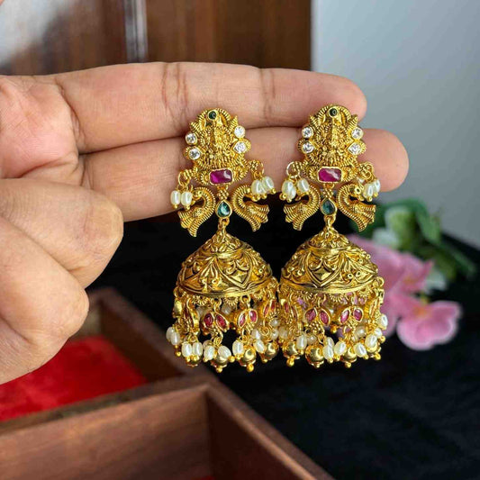 Premium Quality 3d Floral Pattern Lakshmi Bridal Jhumka with Ruby Stone & Pearls J0078-CS63