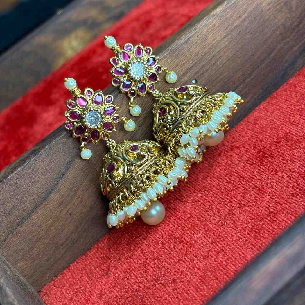 Premium Quality 3d Floral Pattern Bridal Jhumka with Ruby Stone & Pearls J0077-CS59