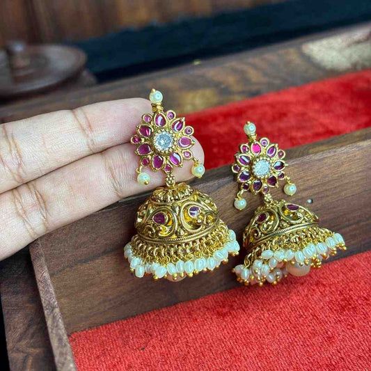 Premium Quality 3d Floral Pattern Bridal Jhumka with Ruby Stone & Pearls J0077-CS59