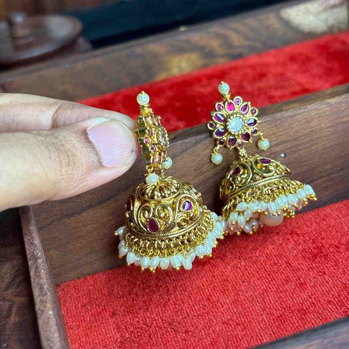 Premium Quality 3d Floral Pattern Bridal Jhumka with Ruby Stone & Pearls J0077-CS59