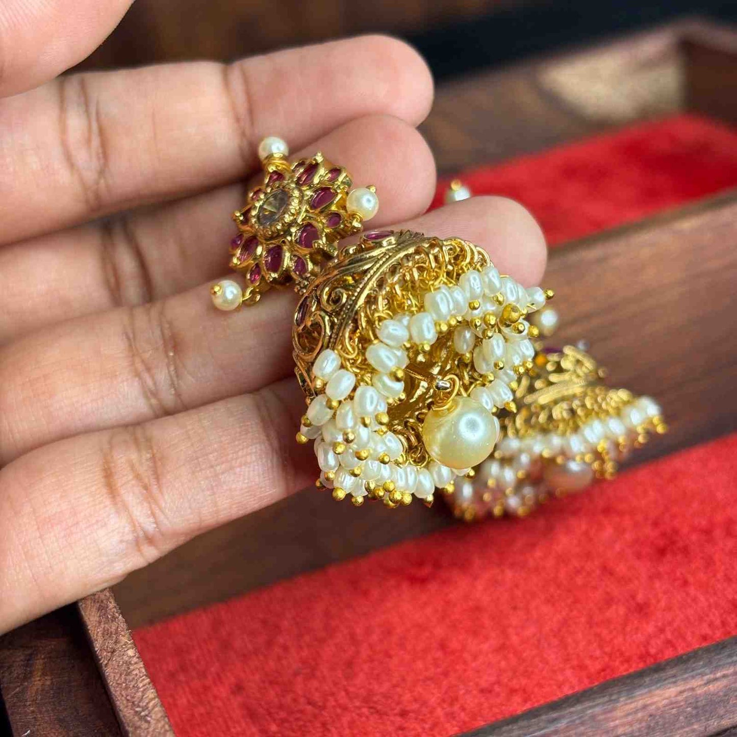 Premium Quality 3d Floral Pattern Bridal Jhumka with Ruby Stone & Pearls J0077-CS59