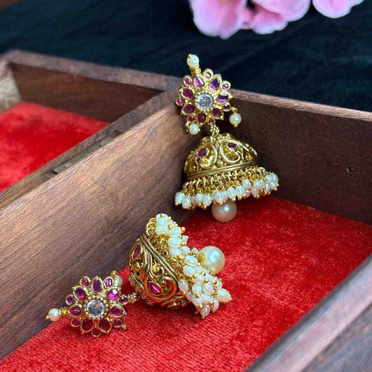 Premium Quality 3d Floral Pattern Bridal Jhumka with Ruby Stone & Pearls J0077-CS59