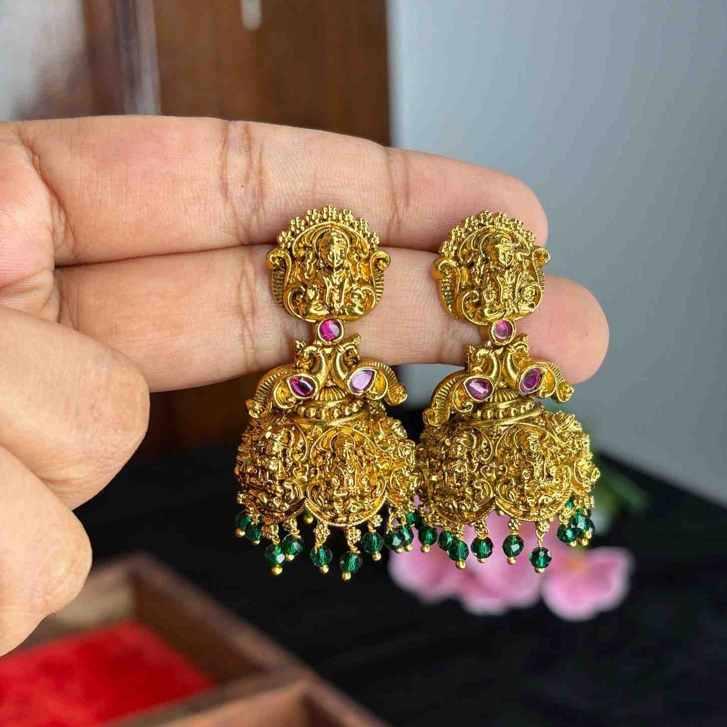 Premium Quality 3d Lakshmi Peacock Bridal Jhumka with Green Crystal J0079-CS53