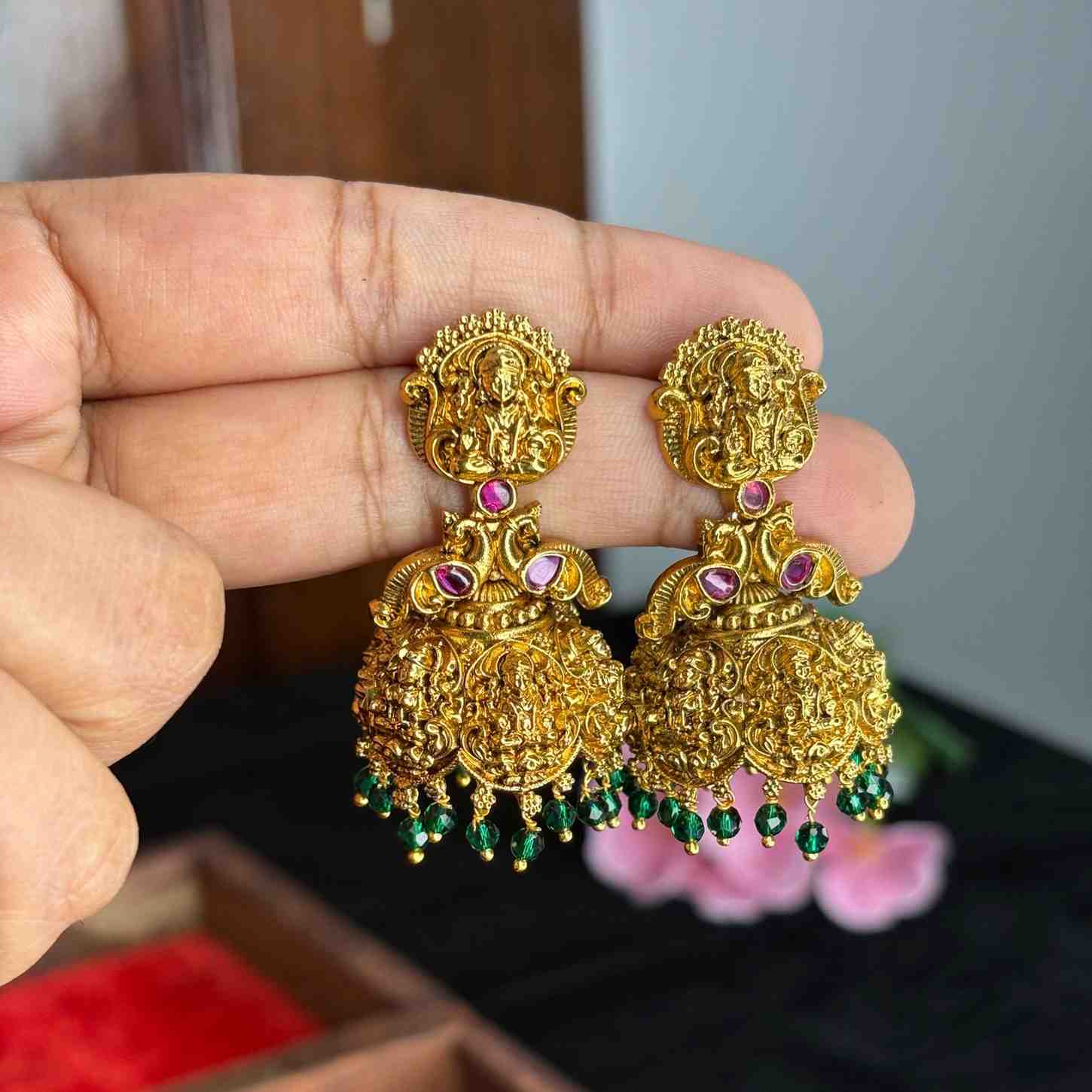 Premium Quality 3d Lakshmi Peacock Bridal Jhumka with Green Crystal J0079-CS53