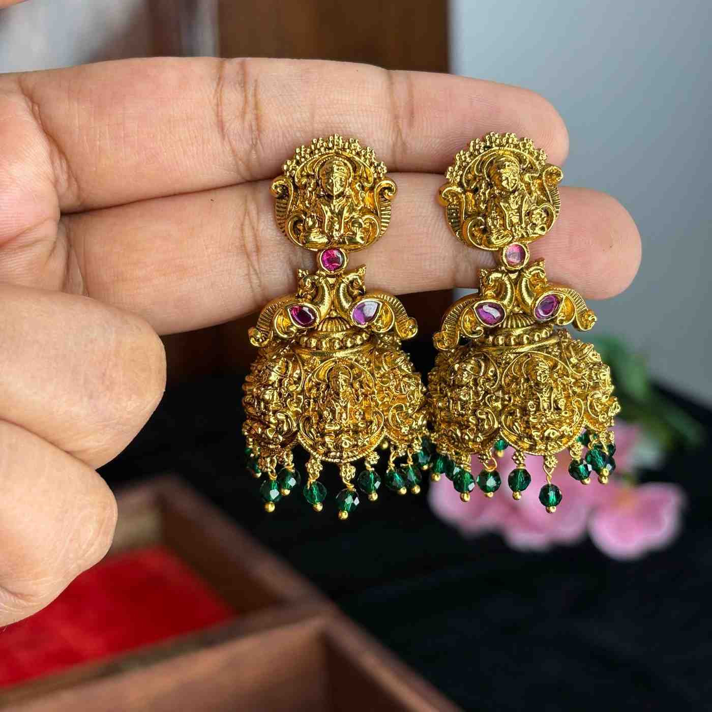 Premium Quality 3d Lakshmi Peacock Bridal Jhumka with Green Crystal J0079-CS53