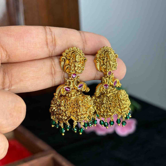 Premium Quality 3d Lakshmi Peacock Bridal Jhumka with Green Crystal J0079-CS53