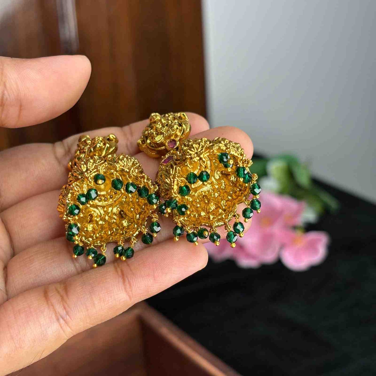 Premium Quality 3d Lakshmi Peacock Bridal Jhumka with Green Crystal J0079-CS53