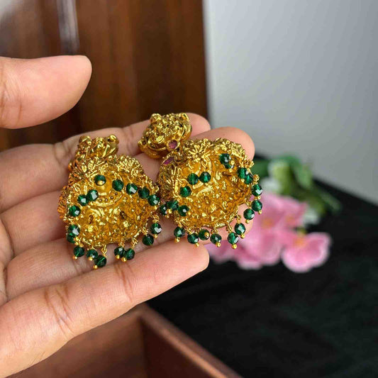 Premium Quality 3d Lakshmi Peacock Bridal Jhumka with Green Crystal J0079-CS53