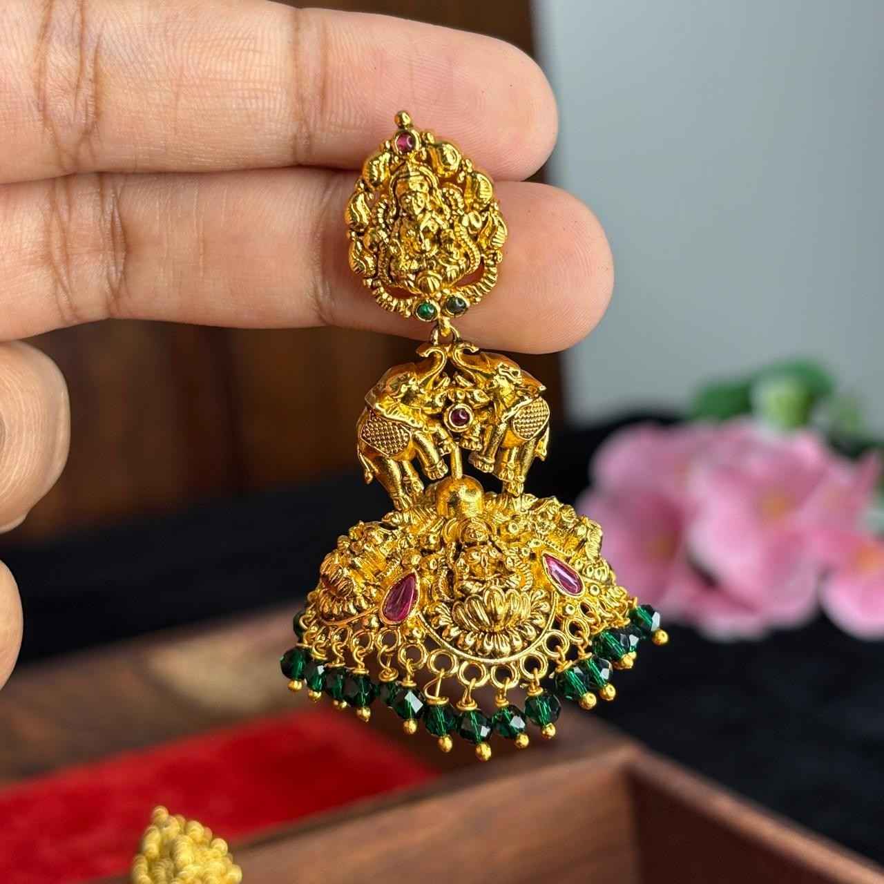 Premium Quality 3d Lakshmi & Elephant  Light weight Bridal Jhumka with Green Crystal J0080-CS44