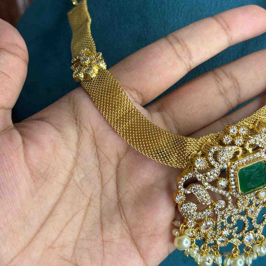 Premium Quality Middle length Floral Pattern necklace Pendent designed with Ad stone And emerald Stone N0180-CS129