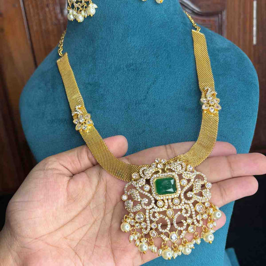 Premium Quality Middle length Floral Pattern necklace Pendent designed with Ad stone And emerald Stone N0180-CS129