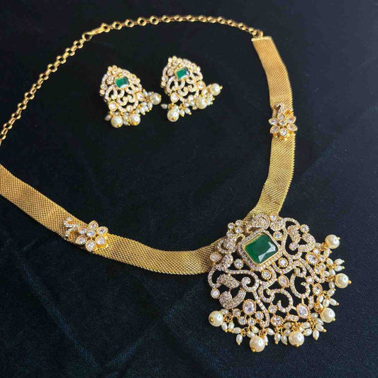 Premium Quality Middle length Floral Pattern necklace Pendent designed with Ad stone And emerald Stone N0180-CS129