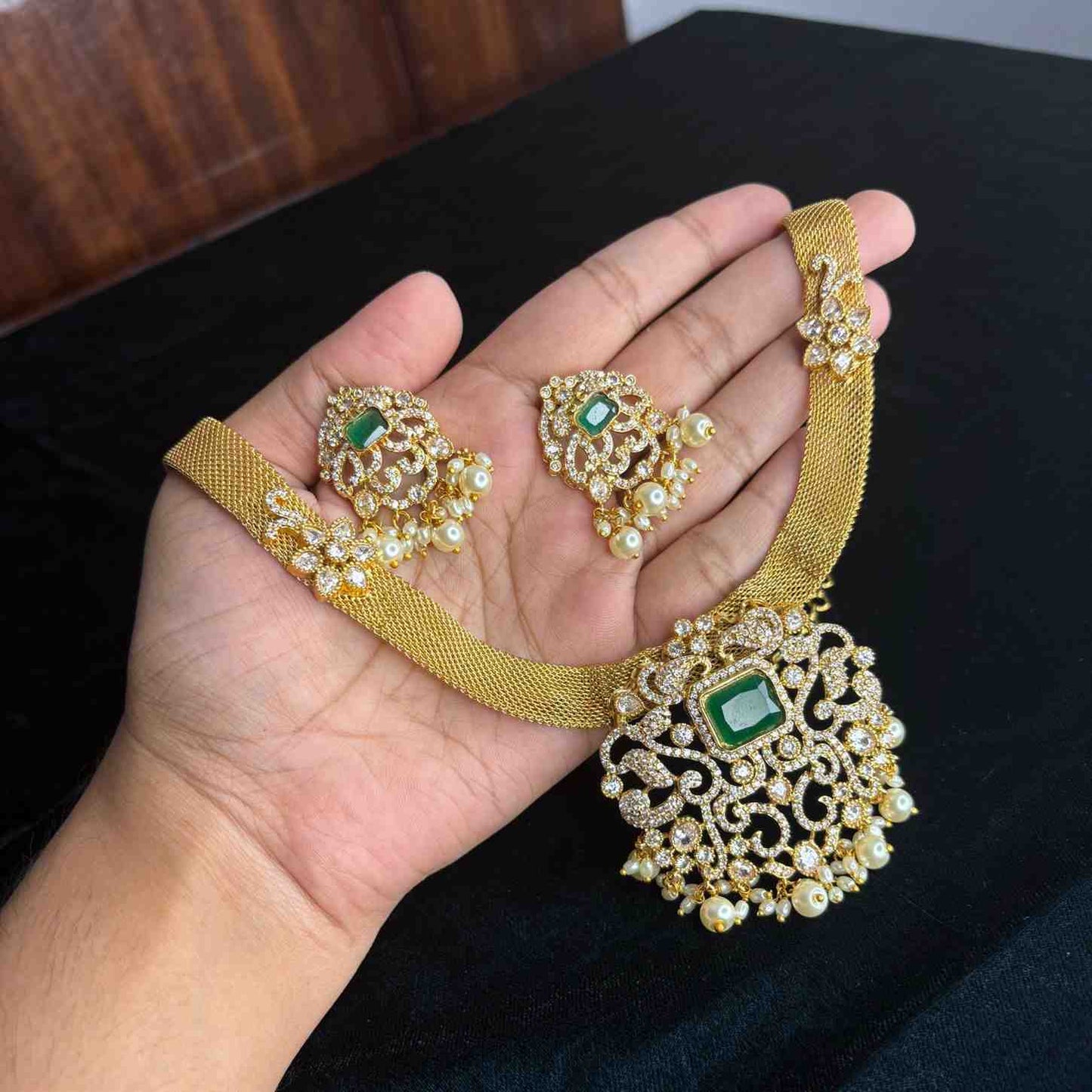 Premium Quality Middle length Floral Pattern necklace Pendent designed with Ad stone And emerald Stone N0180-CS129