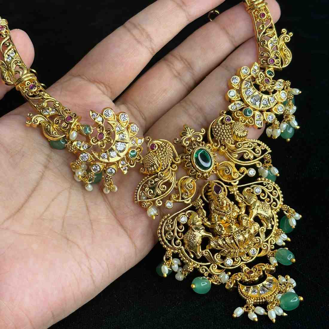 Premium Quality Lakshmi Kanti Haslie Necklace  Peacock & Floral Pattern necklace designed with Ad stone And emerald hydro beads N0181-CS125