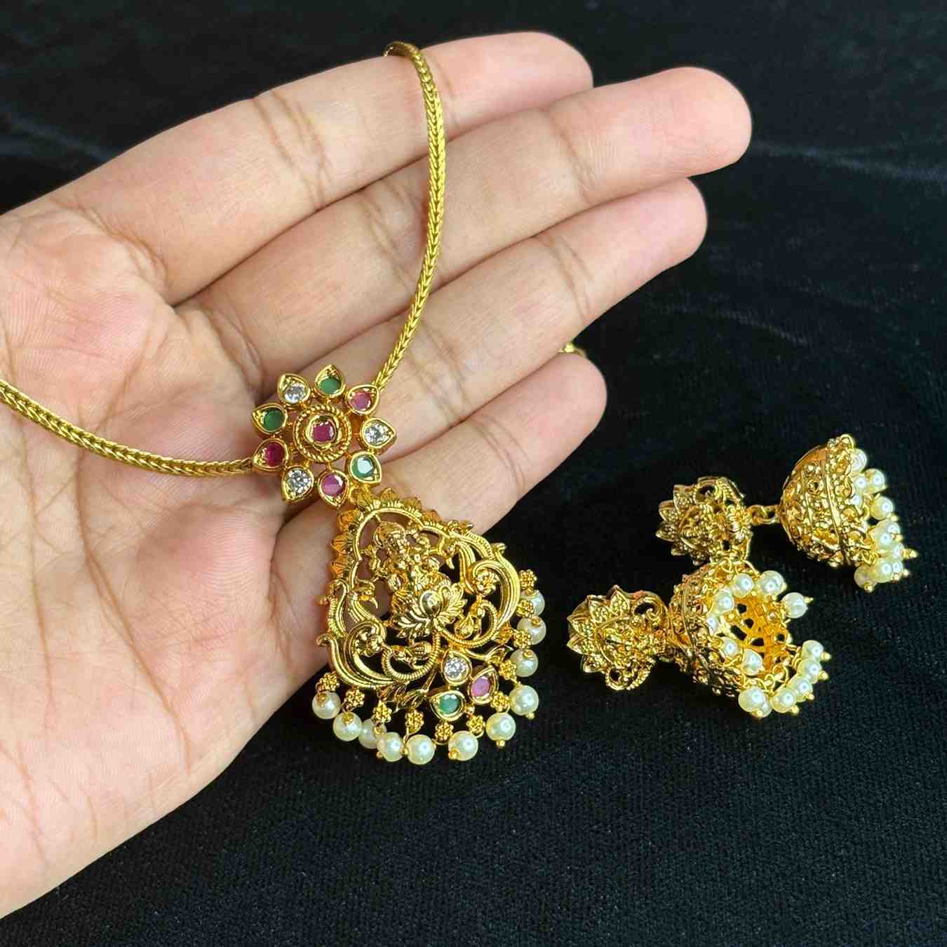 Premium Quality Lakshmi Necklace with Removeable locket comes with matching Jhumka N0182-CS26