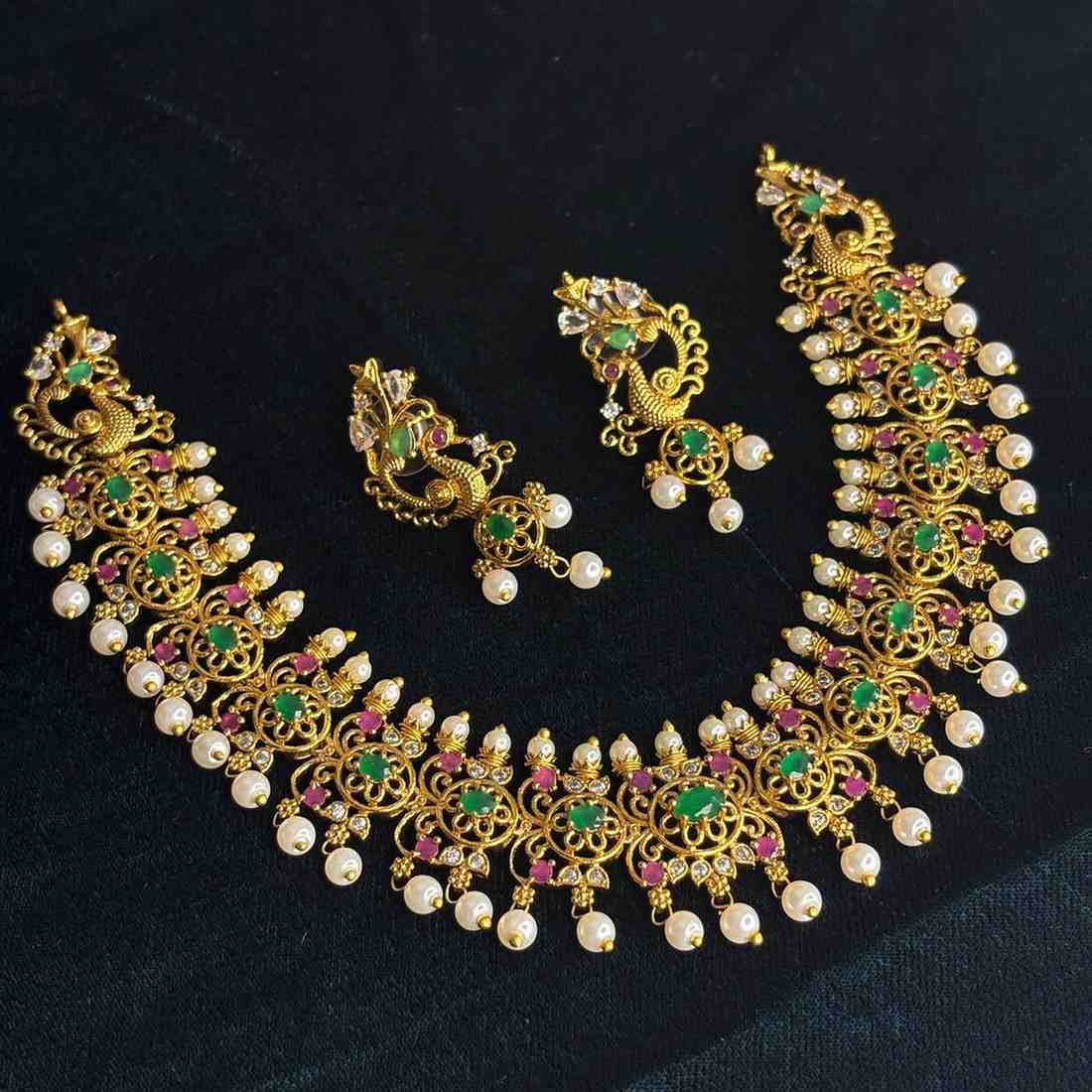 Premium Quality Emerald Green Stone With floral and Peacock Pattern Necklace with Matching earrings N0145-CI69