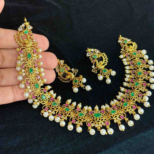 Premium Quality Emerald Green Stone With floral and Peacock Pattern Necklace with Matching earrings N0145-CI69
