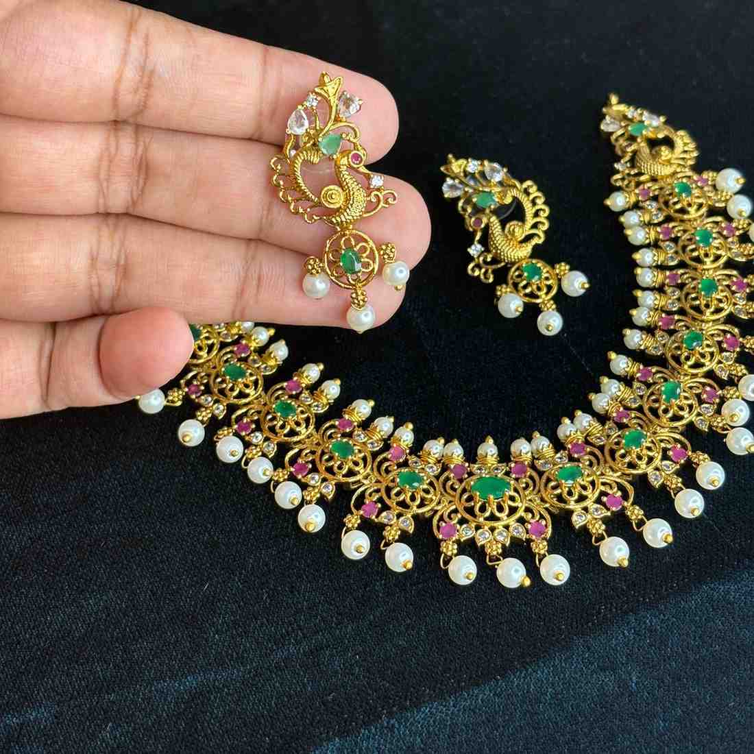 Premium Quality Emerald Green Stone With floral and Peacock Pattern Necklace with Matching earrings N0145-CI69