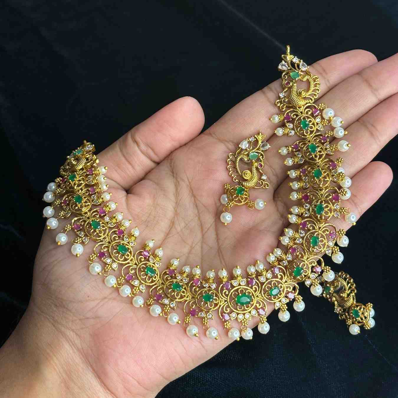 Premium Quality Emerald Green Stone With floral and Peacock Pattern Necklace with Matching earrings N0145-CI69