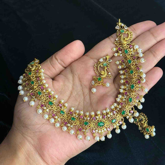 Premium Quality Emerald Green Stone With floral and Peacock Pattern Necklace with Matching earrings N0145-CI69