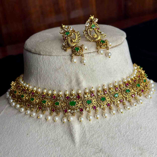 Premium Quality Emerald Green Stone With floral and Peacock Pattern Necklace with Matching earrings N0145-CI69