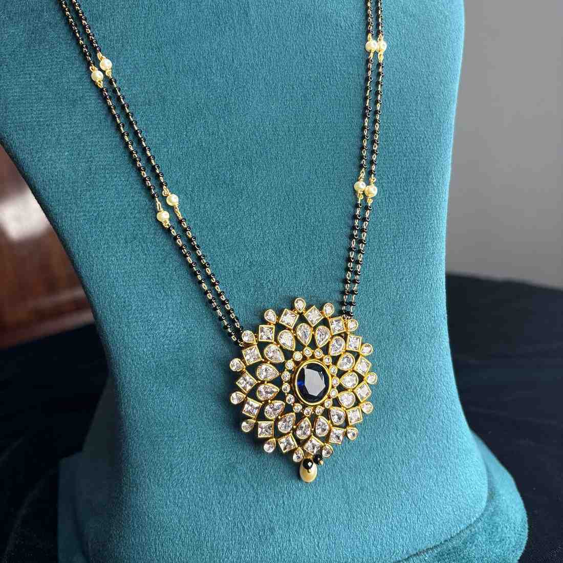 Premium Quality Mangalsuthra Black Bead 27 inch Long With Uncut Diamond Pendent with Sapphire Stone   C009-CS80