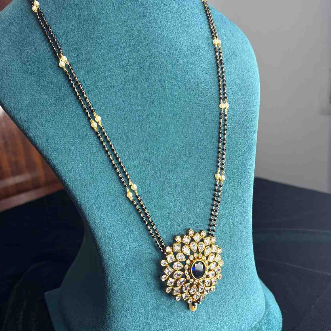Premium Quality Mangalsuthra Black Bead 27 inch Long With Uncut Diamond Pendent with Sapphire Stone   C009-CS80
