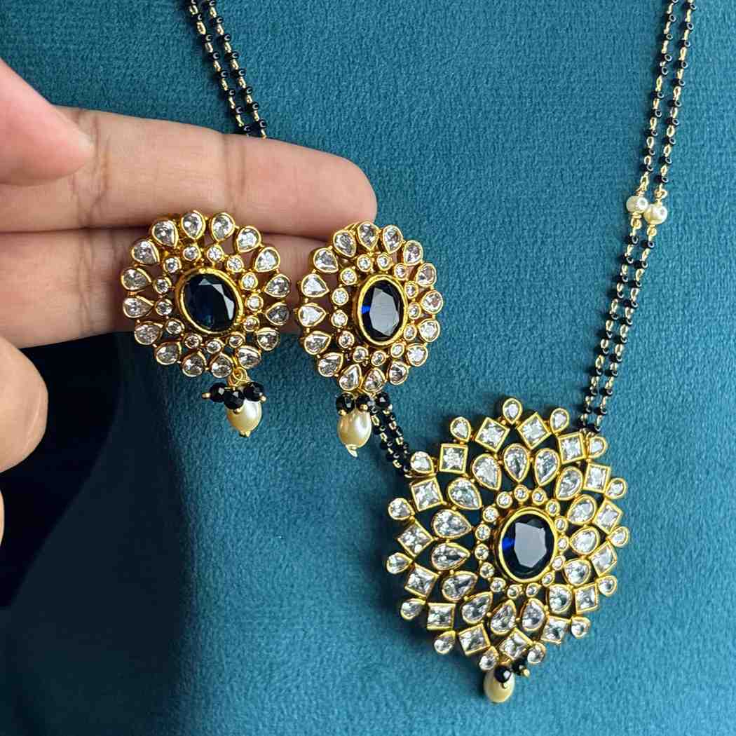 Premium Quality Mangalsuthra Black Bead 27 inch Long With Uncut Diamond Pendent with Sapphire Stone   C009-CS80