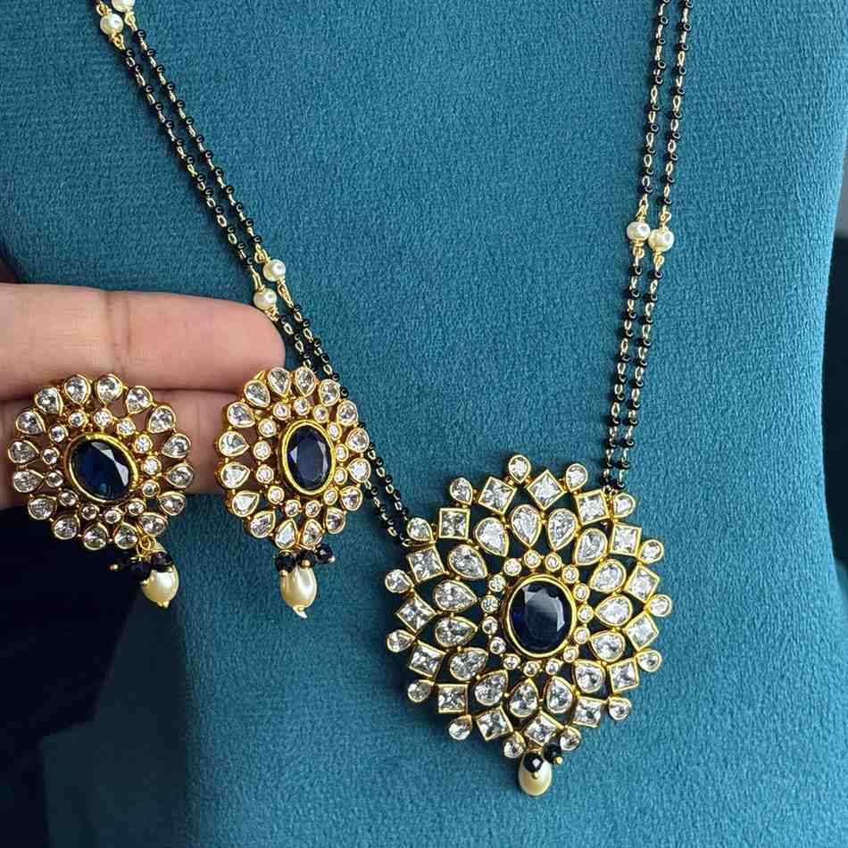 Premium Quality Mangalsuthra Black Bead 27 inch Long With Uncut Diamond Pendent with Sapphire Stone   C009-CS80