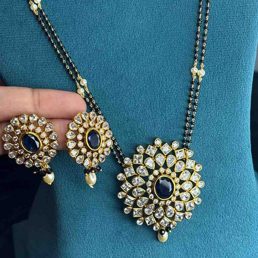 Premium Quality Mangalsuthra Black Bead 27 inch Long With Uncut Diamond Pendent with Sapphire Stone   C009-CS80