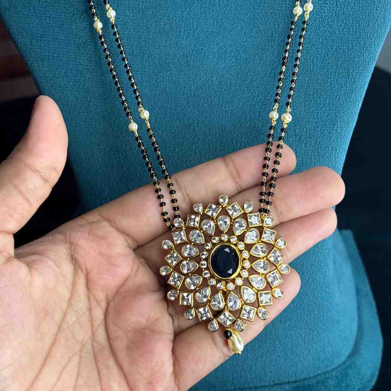 Premium Quality Mangalsuthra Black Bead 27 inch Long With Uncut Diamond Pendent with Sapphire Stone   C009-CS80