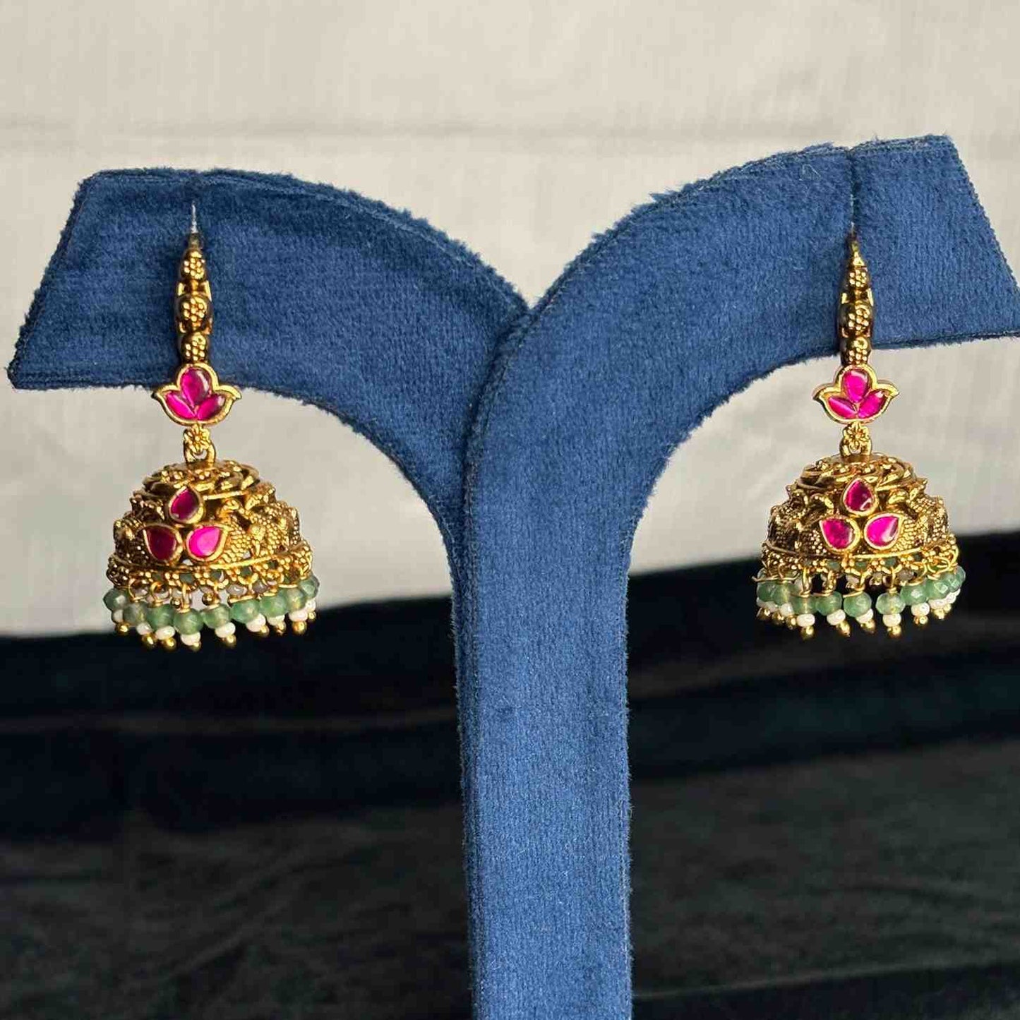 Premium Quality Trendy Hoop Jhumka Jadau Kundan Stone With green Crystal beads J005-CF59