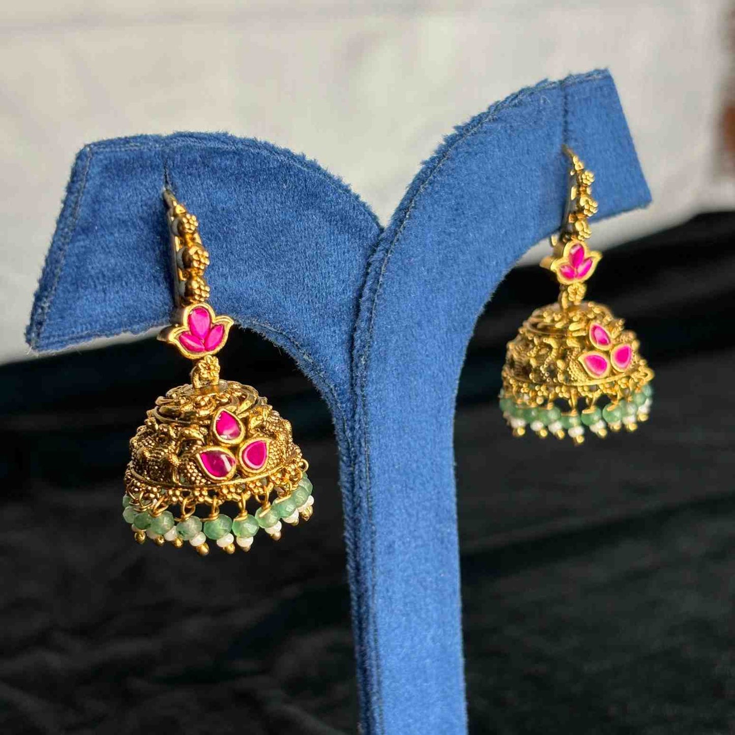 Premium Quality Trendy Hoop Jhumka Jadau Kundan Stone With green Crystal beads J005-CF59